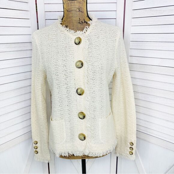 Talbots Boucle Alpaca Wool Fringe Hem Sweater Jacket Cream Button Front PS - Picture 1 of 13